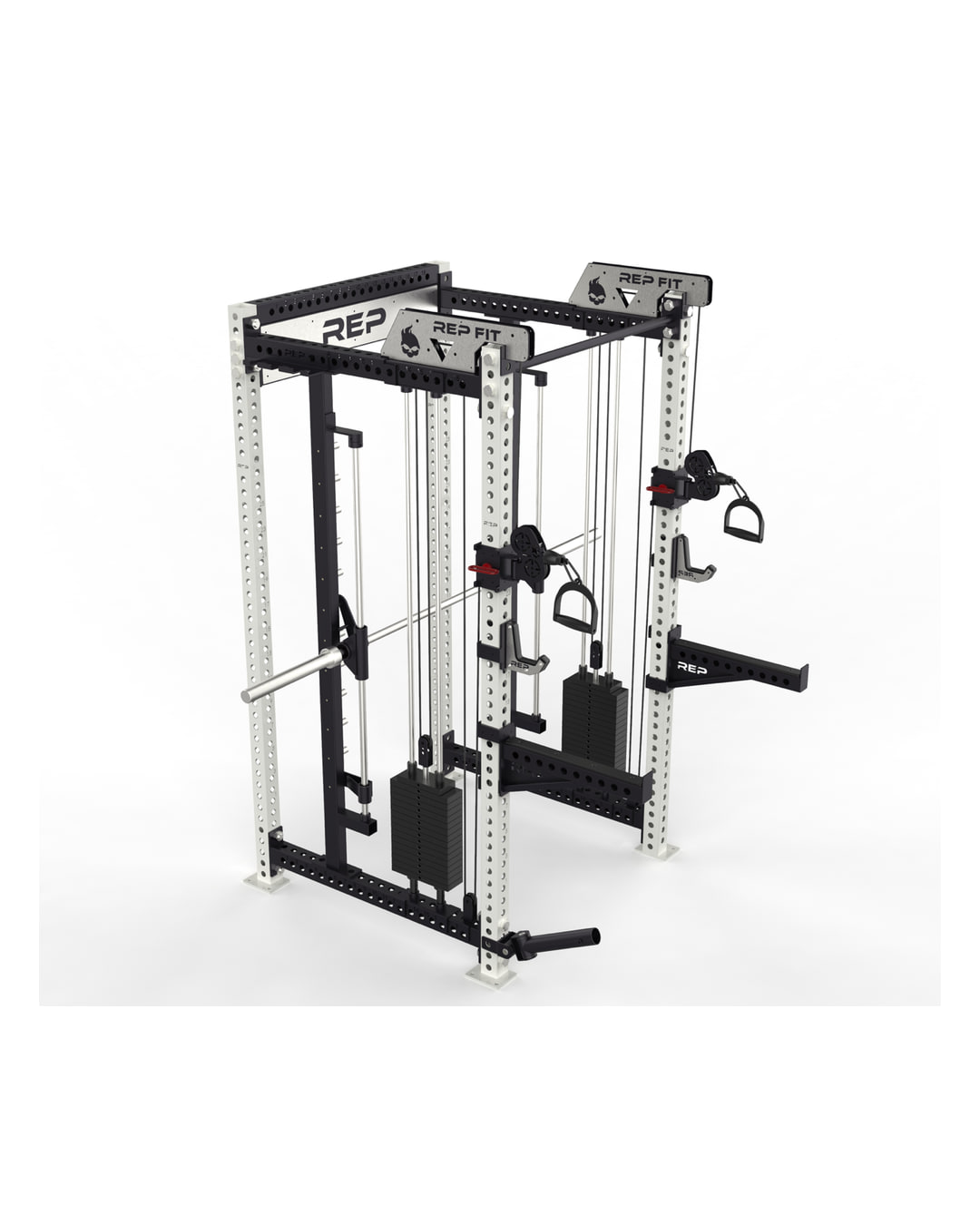 A black and white steel power rack with a Smith machine bar on the left, two cable stations with handles and two black weight stacks, and spotter arms on the right, shown on a plain white background.